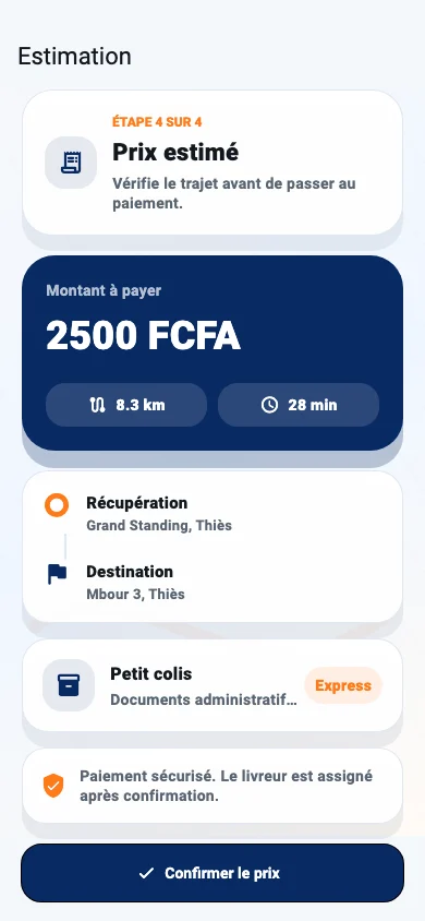 Écran d’estimation du prix dans l’application Tiak-Tiak