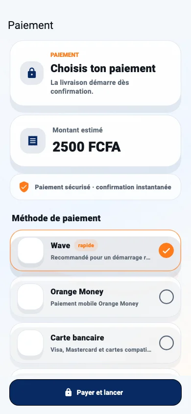 Écran de paiement dans l’application Tiak-Tiak